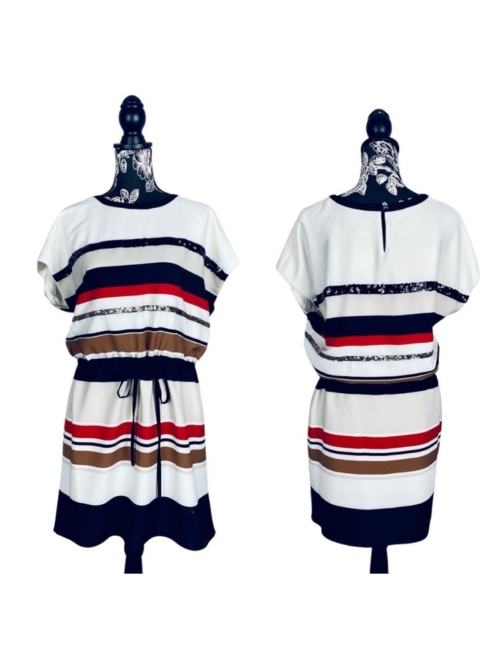DKNY off white stripe sequin batwing cocktail shift dress size medium